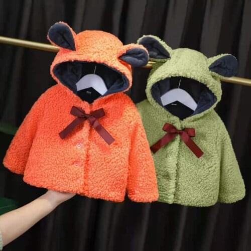 Children Clothes Hooded Coat Winter Bear Ears Hooded Cotton Coat Zipper Solid Long Sleeve Plush Coat Kids Winter Hoodies