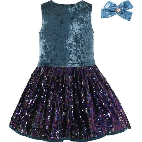 2021 New Kid Girl Dress Blue A-line Flannel Sequins Sparkle Shinny Size 2 3 4 5 6 8 10 12 Years Old Party with Headband