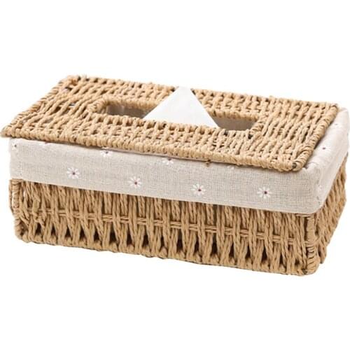 Creative Handmade Rattan Tissue Box, Household Paper Storage Basket, Home Decoration (Khaki Floral Style,1 PCS)