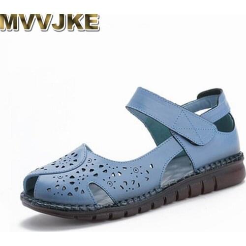 MVVJKE Summer New Handmade Womens Shoes National Style Genuine Leather Hollow Womens Sandals