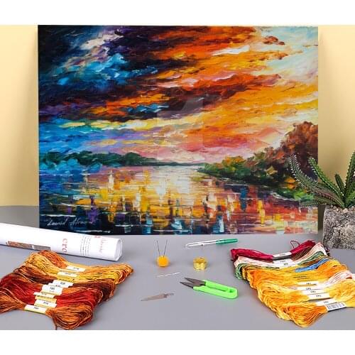 The Lake Memories Printed Water-Soluble Canvas 11CT Cross-Stitch Embroidery Set DMC Threads Needlework Sewing Counted