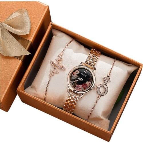 Bracelet Watch Set with Gift Box Women Digital Round Dial Wrist Watch Pendant Bracelet LXH