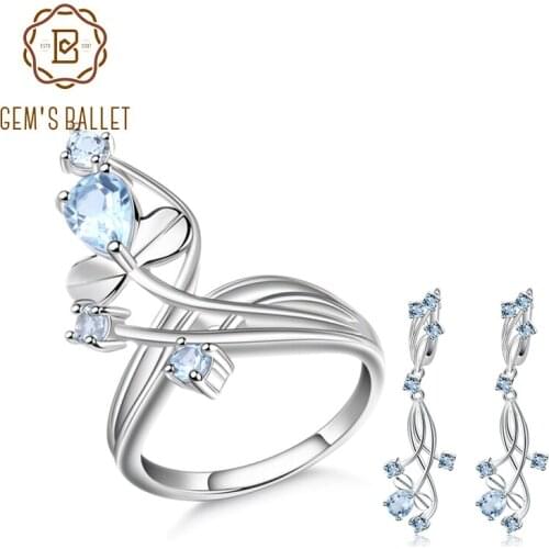 GEMS BALLET Natural Sky Blue Topaz Gemstone Jewelry Sets 925 Sterling Silver Cute Flower Earrings Ring Set For Girlfriend Gifts