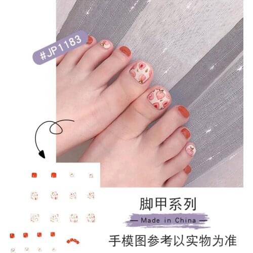 24Pcs False Toenails Peach Printed Full Cover Fake Toenails Tips Nail Stickers DIY Manicure Decoration Suitable For Summer
