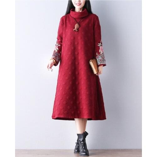 Autumn Winter Women Warm Long Dress Turtleneck Black Wine Red Floral Embroidery Dress Long Sleeve Elegant Thick Vintage Dresses