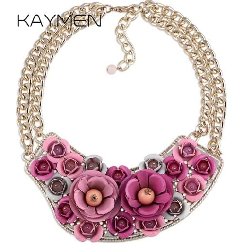 KAYMEN Especial Handmade Flowers Pendant With Double Chains Golden Plated Statement Chokers Necklcae for Women Party Wedding