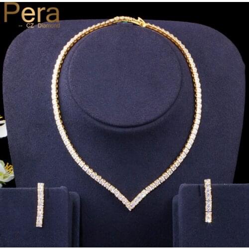 Pera Classic Square Cut Sparkling Cubic Zirconia Yellow Gold Bridal Choker Necklace Jewelry Set for Women Wedding Party J362