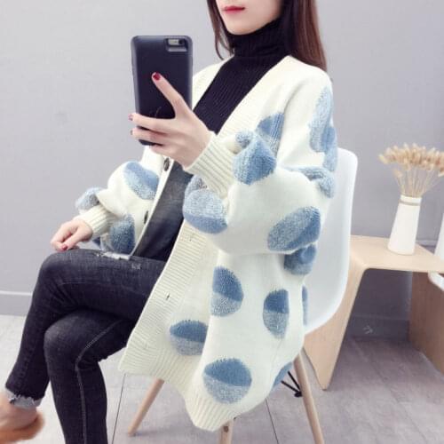 Thick Warm Knitted Sweaters Cardigan Women Korean Knit Tops Autumn Winter 2021 New Loose Long Sleeve Dot Pattern Sweater Jacket