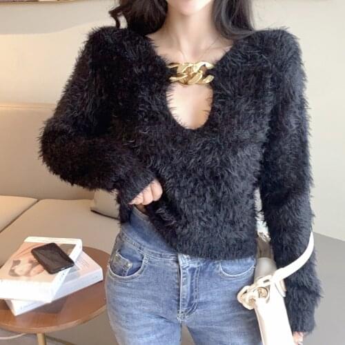 Zoki Sexy V Neck Women Cropped Sweater Korean Long Sleeve Knit Pullover Autumn Chic Temperament White Black Loose Short Top 2021