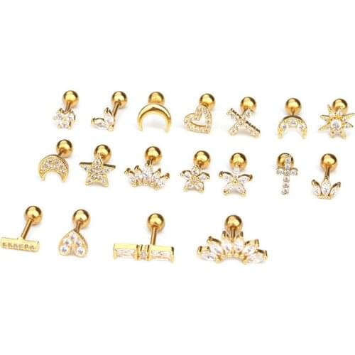 Gold And Silver Color Cz Cartilage Stud Moon Star Heart Cross Flower Crown Helix Snowflake Piercing Tragus Stud Conch Earring