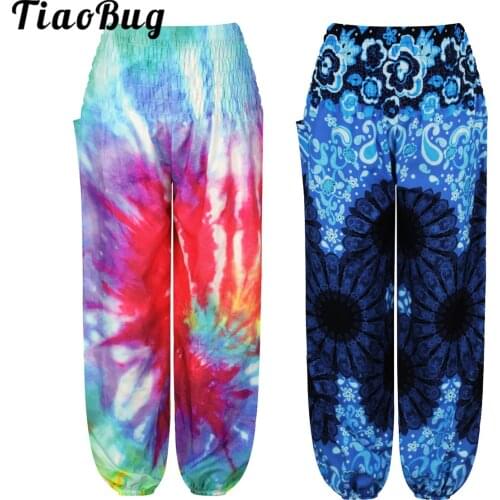 Girls' Leisure Harem Trousers with Pocket Fashion Floral Pattern Boho Hippie Pants Sports Loose Dance Trousers