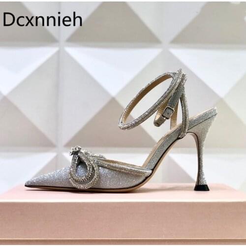 Rhinestone Bow Ankle Strap Summer Sandals Woman Pointed Toe 8.5cm HIgh Heels Party Shoes Woman Runway Shallow Wedinng Shoes