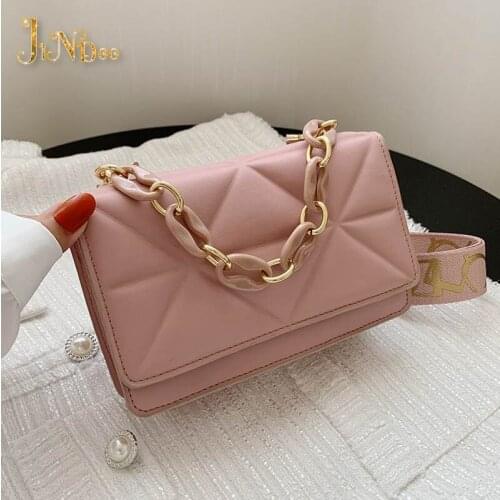 New Wide Strap Shoulder Bag Solid Square Crossbody Bags For Women Fashion Design Handbags Chain Female Cross Body