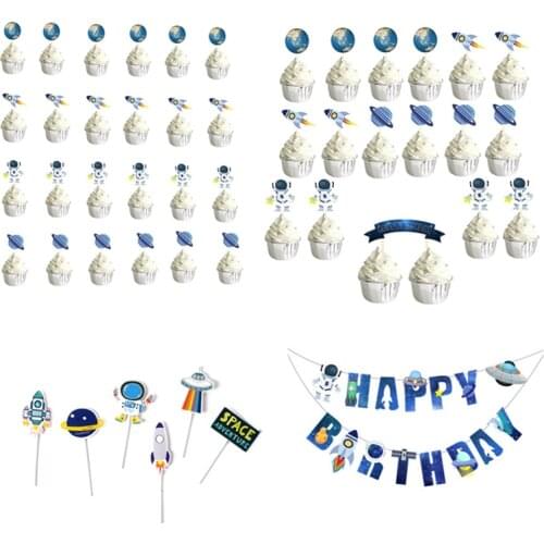 Outer Space Theme Party Decoration Astronaut Rocket Cake Topper Birthday Party Cupcake Flag Dessert Table Tag Cake Decoration