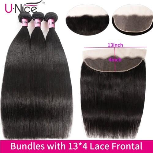 UNice Hair 13x4 Transparent Lace Frontal Closure With 3 Bundles Peruvian Straight Human Hair Bundles Lace Closure 4PCS