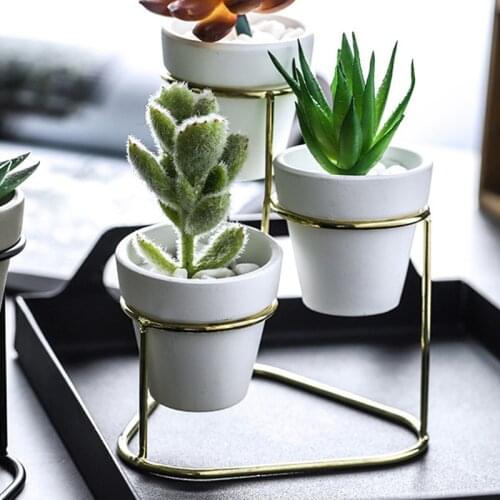 Iron Desktop Three Sets Of Flowerpot Succulent Plant Round Cement Pot With Simple Iron Rack Home Decoration