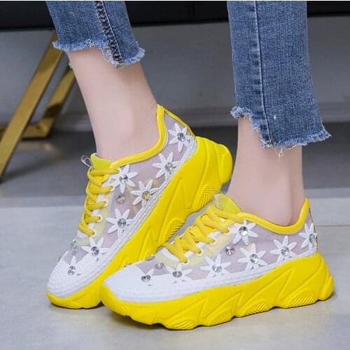 Ladys Vulcanized High Quality European Station New Mesh Sports Shoes Water Drill Thick-soled Muffin Slope Heel