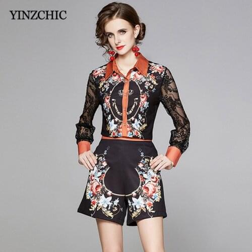 Autumn New Woman 2pcs Suits Lace Patched Blouse Pencil Short Pants Set for Office Vintage Floral Print Blouse Pants Set Femme
