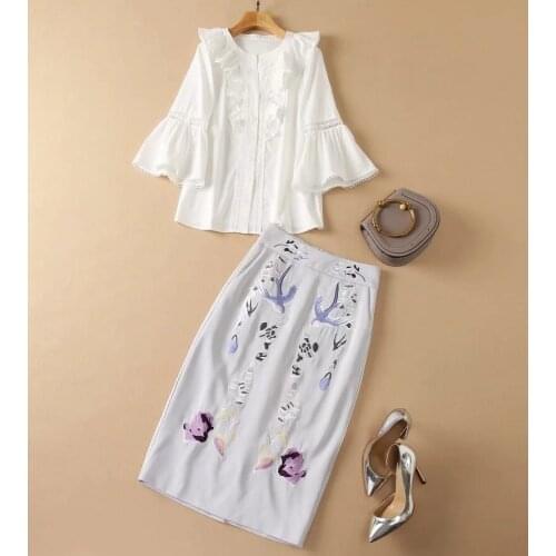 Top Quality Designer Clothing Sets 2021 Autumn Women Ruffle Deco Flare Sleeve White Tops Blouse+Lurex Embroidery Midi Skirt Sets