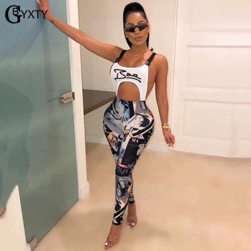 GBYXTY Summer Sexy Graffiti Print Strap Jumpsuit Women Club Party Hollow Out Backless Skinny Jumpsuit Femme Overalls ZL1249