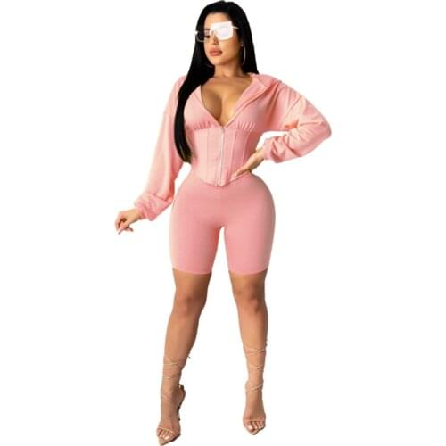 Activewear Workout Waist Shaped Two Piece Set for Women Hooded Long Sleeve Jackets and Skinny Short 2021 Spring Autumn Outfits
