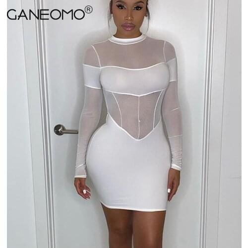 Women Fashion Long Sleeve Mesh See Through Dress Autumn Party Club Bodycon White Mini Dresses 2021 Fall Clothes Wholesale Items