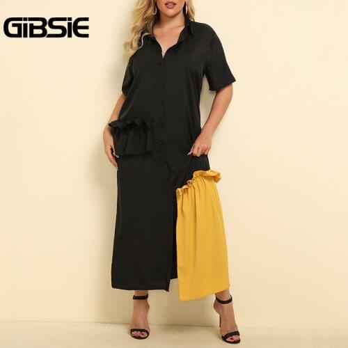 GIBSIE Button Front Ruffle Trim Colorblock Shirt Dress Women Spring Summer Dresses Plus Size Office Casual Black Long Dress