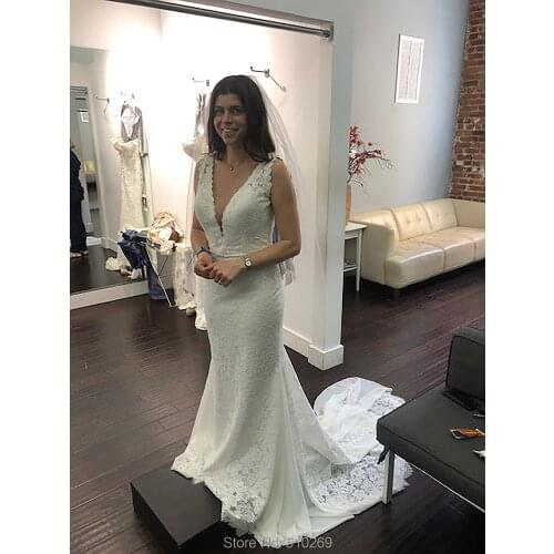 2020 New Mermaid Wedding Dress Chiffon Lace Plunging V Neck Bridal Gowns Robe De Mariage Casamento Vestido De Noiva Sereia