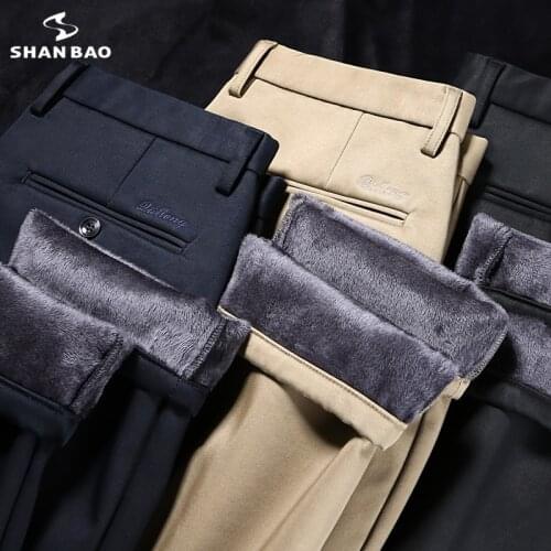 SHAN BAO classic letter embroidery mens business gentleman fit casual pants 2020 winter brand clothing adds thick warm trousers