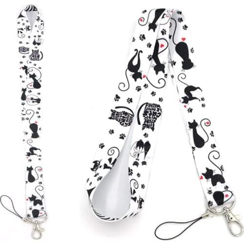 100Pcs Black cute cat cartoon keychain lanyard for keys webbing ribbon neck strap fabric badge holder necklace phone accessories