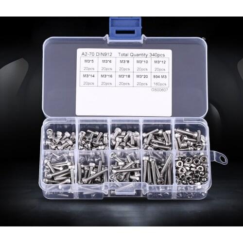 340pcs M3 Stainless Steel SS304 Hex Socket Cap Head Screws And Nuts Assortment Stainless Steel Cup Head Hexagon Socket Set