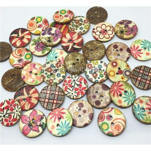 500pcs 20mm Retro Brown Coconut Button Painted Flowers Coconut Sell Buttons Round Sewing 2 Holes Scrapbooking