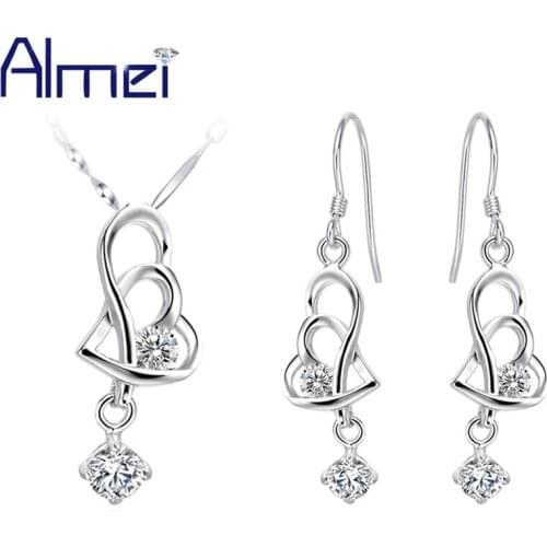 Almei Statement Necklace Pendant And Earring Set Silver Color Wedding Heart Purple Rhinestone Women Costume Jewelry Set T036