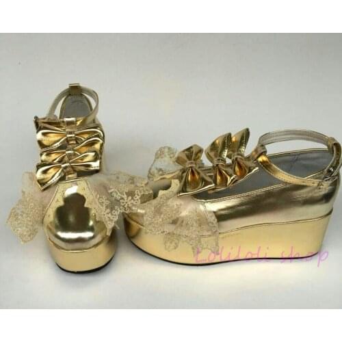 Antaina Japanese lolita shoes plus size / special custom Exclusive original Lolita golden Lace Princess Shoes yj001