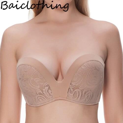 Seamless Womens Anti Slip Strapless Bra Push Up Underwire Lace Embroidery Female Wedding Lingerie 32 34 36 38 40 42 B C D DD E F