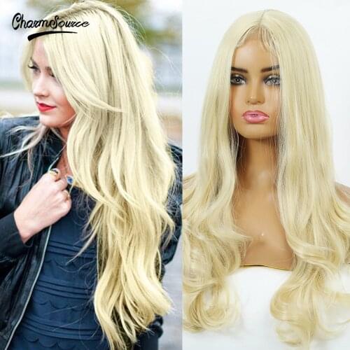 CharmSource Long Natural Wavy Lace Part Synthetic Wigs Light White Blonde for Women Daily Hair High Density Heat Resistant Wig