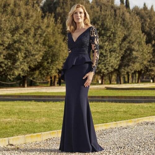Black Evening Dresses V Neck Long Sleeves Lace Satin Mother Of The Bride Dress Mermaid Wedding Formal Party Gowns 2021