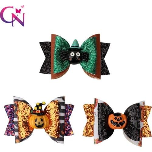 CN 3'' Glitter Halloween Hair Bows for Girls Kids Funny Pumpkin Spider Hair Clips Party Festival Hair Accessories
