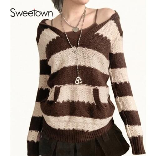 Sweetown Vintage Stripe Knitted Kawaii Y2K Hoodies Sweaters With Pockets Women Preppy Style Lantern Sleeve Autumn Winter Jumpers