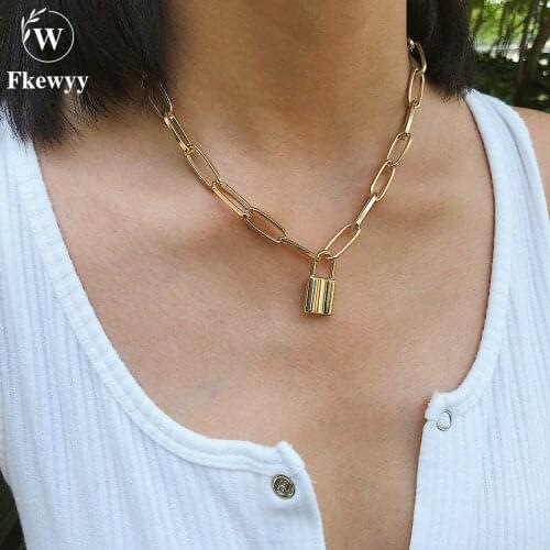 Fkewyy Korean Fashion Necklace For Women Gothic Accessories Lock Designer Jewelry Kpop Chain Necklace stainless Steel Jewellery