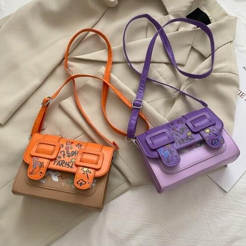 Fashion Graffiti Painted Shoulder Bags Women PU Leather Belt Buckle Small Square Bag Casual Flap Crossbody Messenger Handbag New
