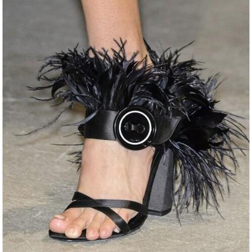 Moraima Snc Runway Sexy Buckle Strap Thick Heels Sandal for Woman Feather Fringed Open Toe High Heel Shoes Ladies Party Heels