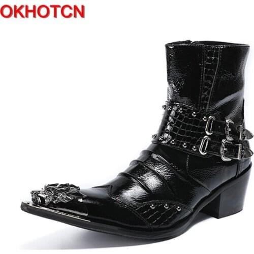 OKHOTCN Hot sale black metal pointed toe man ankle boots genuine leather crocodile grain Chelsea boots double buckle decoration