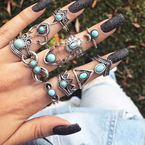 11pcs set personality vintage creative knuckle rings for women with crown /bird /crescent and inlaid faux stone design knokkels