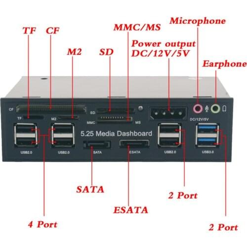 5.25" Pc Front Panel Dashboard Media Usb 3.0 Hub Audio Esata Sata Card Reader Desktop Optical Drive Multifunctional Panel 525E