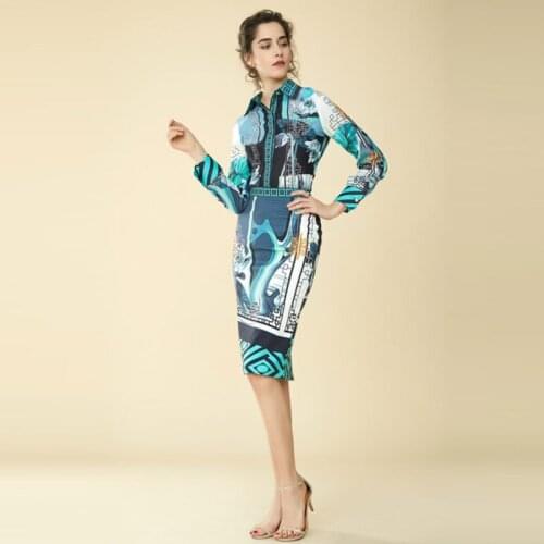 High Quality Womens Two-piece 2019 Spring Summer New Skirt Suit Ink Painting Classical Printing Elegant Ladies Skirts Suit