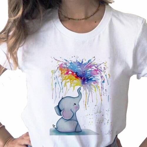 Cartoon Elephant Watercolor Fashion Cute print ladies casual basics O-collar white shirt short sleeve ladies T-shirt,Drop Ship