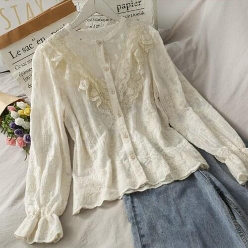 Autumn Korean Fashion Oversize Clothes Lace Ruffled Women Blouses Lady Plus Size Embroidery Tops Vintage Lace Shirts Women 2021