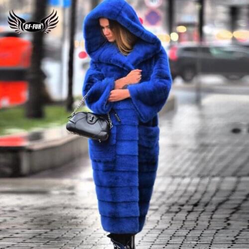 Luxury Royal Blue Hooded Mink Fur Coat For Women 120cm Long Natural Genuine Mink Fur Jacket Full Pelt Fur Coats Russian Winter