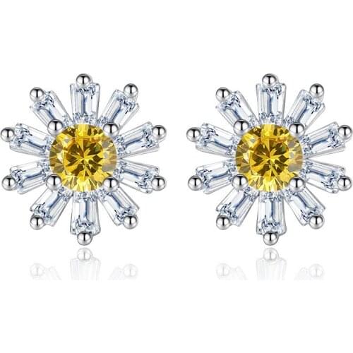 S925 Silver Earring Crystal Sunflower Stud Earring For Women Wedding Gift Lady Girl Fashion Zircon Jewelry